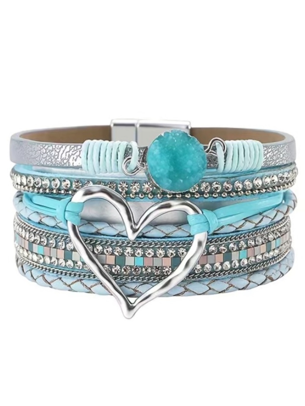 Light Blue Leather Multi Layer Heart Crystal Druzy Magnetic Bracelet